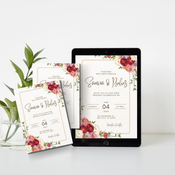 White Floral Wedding Invitation Template Greenery red Rose Peony Printable Wedding Invitation Suite Instant Download Editable Bright Floral