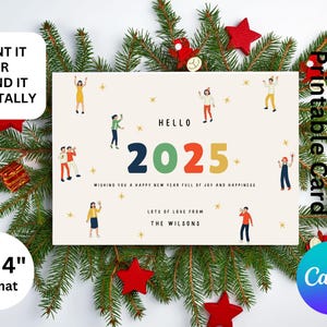 Tarjeta de feliz año nuevo con ilustraciones en beige, saludo de año nuevo horizontal, elegante tarjeta festiva, deseos personalizables para el año nuevo 2025, tarjeta imprimible