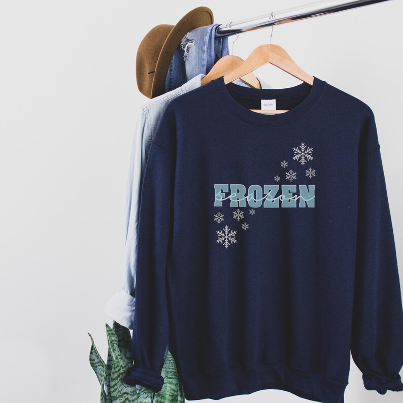 May include: A navy blue sweatshirt with the word "FROZEN" printed in a light blue color with snowflake designs.