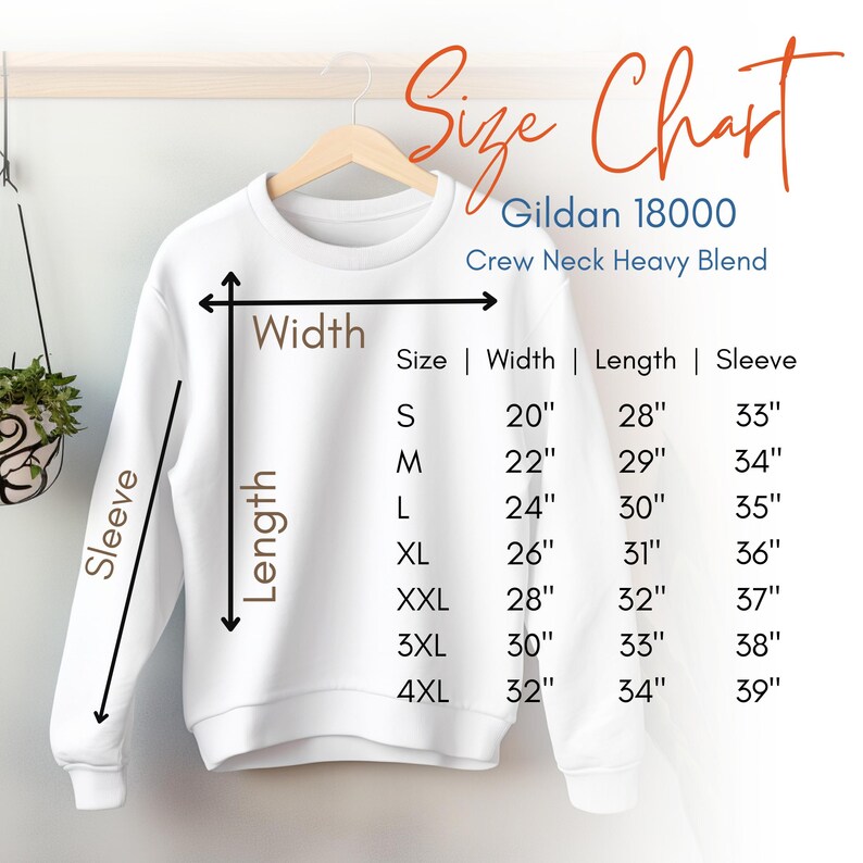 May include: Size chart for Gildan 18000 Crew Neck Heavy Blend sweatshirts. The chart shows the width, length, and sleeve length in inches for sizes S through 4XL.
