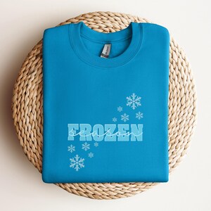 May include: A turquoise blue sweatshirt with the text "FROZEN season" in white with a snowflake design.