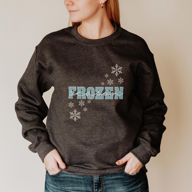 May include: A dark gray sweatshirt with the word "FROZEN" in blue lettering and a scattering of white snowflake designs.