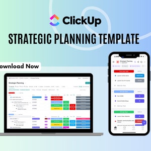 Peut inclure: Une capture d'écran d'un ordinateur portable et d'un smartphone affichant l'application ClickUp avec un "Modèle de planification stratégique" à l'écran. Le modèle est un calendrier visuel avec des tâches et des échéances. Le texte "Télécharger maintenant" est affiché sur l'image.