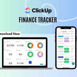 Könnte beinhalten: Ein Screenshot eines Laptops und eines Smartphones, auf denen eine Finanz-Tracker-App namens ClickUp angezeigt wird. Die App zeigt ein Dashboard mit Diagrammen und Grafiken sowie eine Liste der Ausgaben mit Kategorien und Beträgen. Der Text "Jetzt herunterladen" wird auf dem Bild angezeigt.