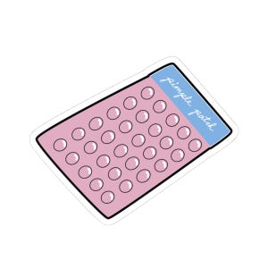 May include: A sticker featuring a pink rectangle with multiple clear, circular patches. The top section is light blue with the words "pimple patch" in a handwritten style. The sticker has a white border.