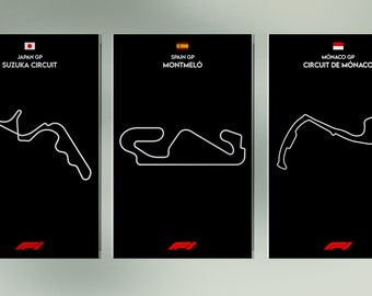 PACK OFERTA 3 CIRCUITOS, formula 1, Japon gp, España gp, Monaco gp, motmeló, suzuka, arte de pared formula 1, impresión digital, minimalista