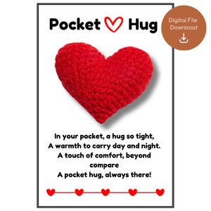 3 x Pocket Hug Cards - Valentines Day PRINTABLE Poems Crochet Tags Pocket Hearts Market Display Cards Label Gift Separation Anxiety Present