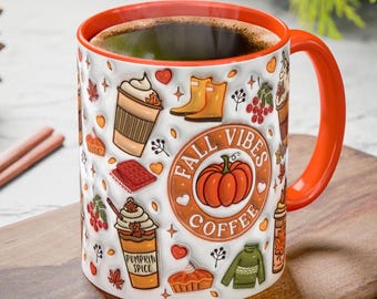 Fall Vibes Mug, Fall 2D Puff Coffee Mug, Autumn Pumpkin Mug, Pumpkin Spice Mug, Fall Mug Ceramic, Fall Gift for Her, Cute Fall Coffee Cup