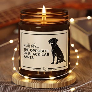 May include: A brown candle jar with a lit flame, sitting on a wooden coaster. The label reads 'smells like... THE OPPOSITE OF BLACK LAB FARTS' with a black dog silhouette. The candle is surrounded by fairy lights and sits in front of a guitar and a book.