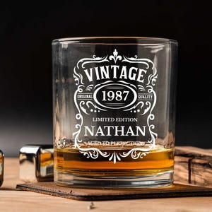 Vintage Aged to Perfection Whiskey Glass, Personalized Rocks Glass, 60th, 50th, 40th, 21st, 30th, Whiskey Glasses, Custom Whiskey Gifts