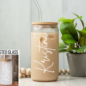 Personalized Iced Coffee Cup 16oz Glass Cup, Custom Beer Can Glass with Lid and Straw, Bridesmaid Proposal Gift Glass Can Coffee Cup