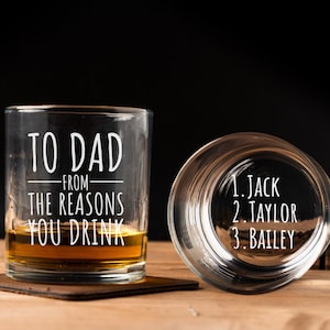 May include: Two clear glass tumblers with engraved text. The first tumbler has the text "To Dad - From The Reasons You Drink". The second tumbler has the text "1. Jack 2. Taylor 3. Bailey".