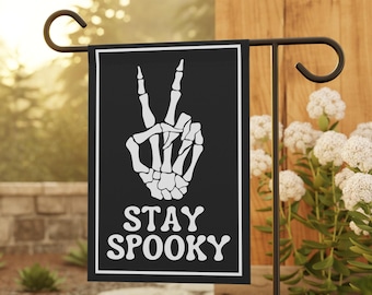 Stay Spooky Skeleton Garden Flag, Fall Garden Flag, Halloween Garden Flag, Funny Skeleton Peace Sign Home Banner, Halloween Lawn Flag, Yard