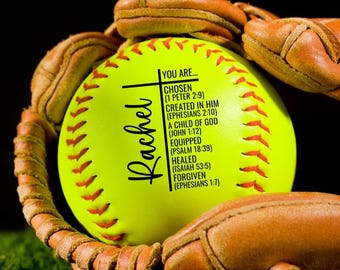 Personalized Christian Softball, Religious Gift, First Communion Gifts, Baptism Gifts for Girls, Birthday Gift for Daughter, Softball Gifts