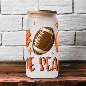 Fall Iced Glass Coffee Cup, Tis The Season, Fall Glass Cup with Lid and Straw, Glass Tumbler, Glass Can, Fall Gifts, Coffee Football Pumpkin 16oz Frosted