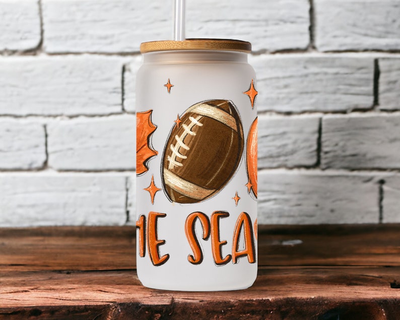Fall Iced Glass Coffee Cup, Tis The Season, Fall Glass Cup with Lid and Straw, Glass Tumbler, Glass Can, Fall Gifts, Coffee Football Pumpkin 16oz Frosted