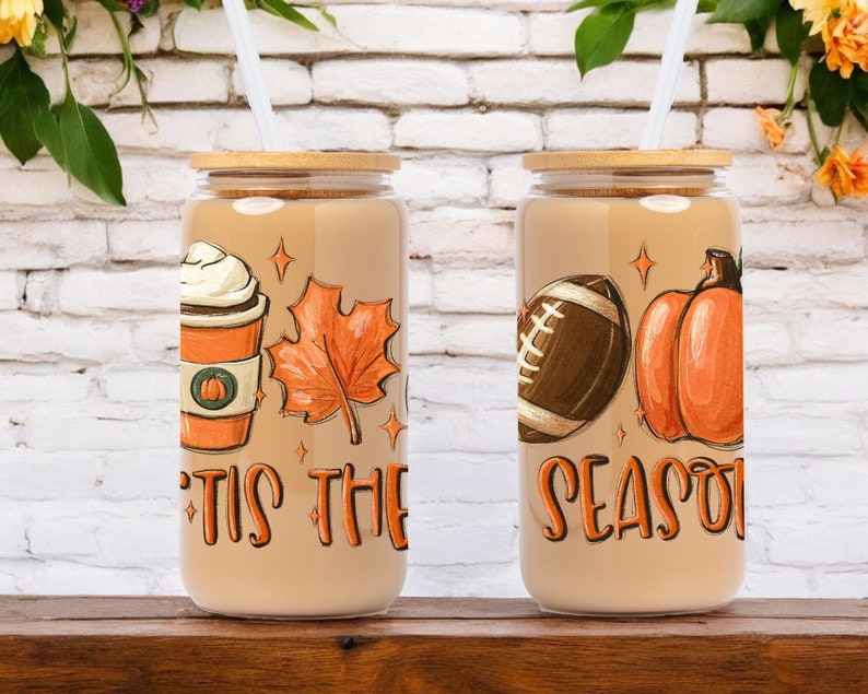 Fall Iced Glass Coffee Cup, Tis The Season, Fall Glass Cup with Lid and Straw, Glass Tumbler, Glass Can, Fall Gifts, Coffee Football Pumpkin image 1