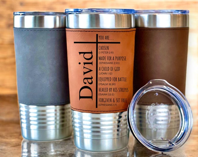 Personalized Christian Tumbler for Men, Engraved Leather Tumbler, Religious Gift,  Christmas Gifts, Pastor Gifts, Retirement, Birthday Gift