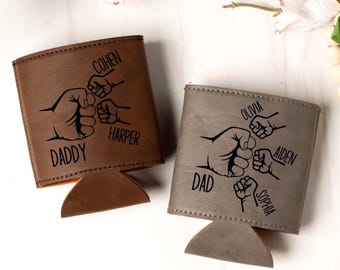 Dad Fist Bump Leather Can Cooler, Fathers Day Gift with Kids Names, Dad Gifts from Kids Dad Birthday Gift Personalized Gift for Dad, Grandpa