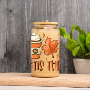 Fall Iced Glass Coffee Cup, Tis The Season, Fall Glass Cup with Lid and Straw, Glass Tumbler, Glass Can, Fall Gifts, Coffee Football Pumpkin image 3