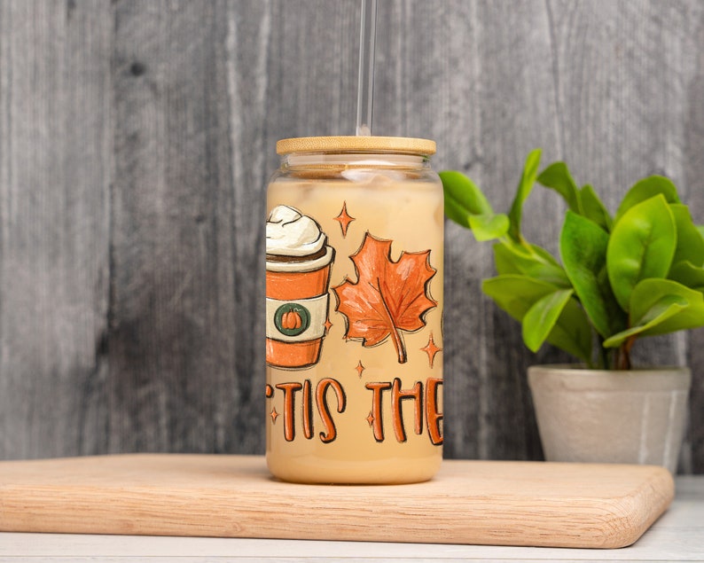 Fall Iced Glass Coffee Cup, Tis The Season, Fall Glass Cup with Lid and Straw, Glass Tumbler, Glass Can, Fall Gifts, Coffee Football Pumpkin image 3