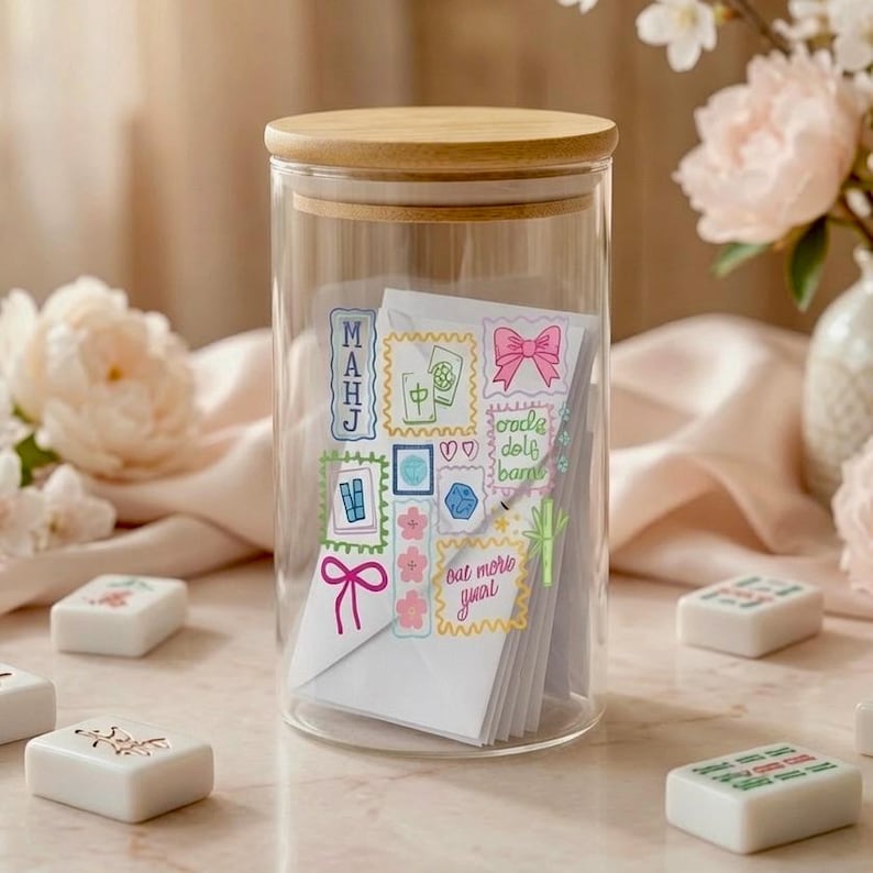 May include: A clear glass storage jar with a light wood lid containing white envelopes decorated with colourful illustrations of mahjong tiles, pink bows, and the text "MAHJ" and "eat more gural". The jar is surrounded by white mahjong tiles.