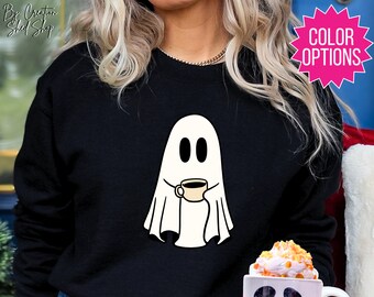 Felpa fantasma da donna, felpa da caffè spettrale carina, stagione spettrale, camicia amante del caffè autunnale, camicia da festa di Halloween, felpa autunnale