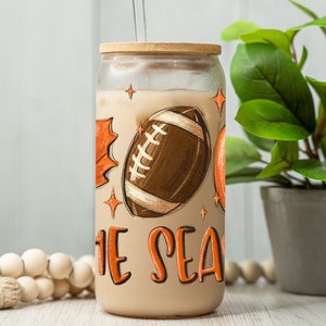 Fall Iced Glass Coffee Cup, Tis The Season, Fall Glass Cup with Lid and Straw, Glass Tumbler, Glass Can, Fall Gifts, Coffee Football Pumpkin 16oz Clear