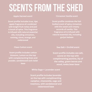 May include: A pink background with a list of scents and their descriptions. The scents are: Apple Harvest, Cinnamon Vanilla, Clean Cotton, Sea Salt + Orchid, and White Sage + Lavender. Each scent description includes a list of essential oils used in the fragrance.