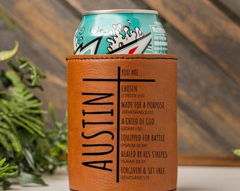 Personalized Christian Gift for Men, Engraved Can Cooler, Religious Gift, Graduation Gift, Retirement Gift, Birthday Gift for Son, Him, Men