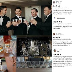 May include: A collection of engraved whiskey glasses, some filled with amber liquid, and a group of men in formal attire toasting with glasses. The glasses are personalized with initials and names, ideal for a wedding or special occasion.