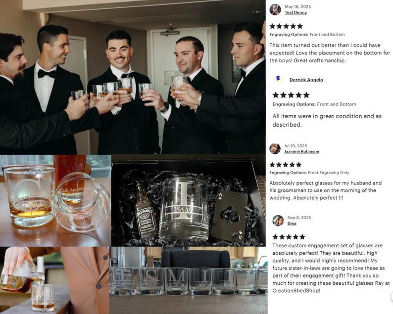 May include: A collection of engraved whiskey glasses, some filled with amber liquid, and a group of men in formal attire toasting with glasses. The glasses are personalized with initials and names, ideal for a wedding or special occasion.