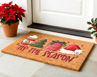 Christmas Doormat, Tis The Season Doormat, Christmas Decor, Santa, Christmas Tree, Coffee,Winter Door Mat for Winter Decorations,Welcome Mat