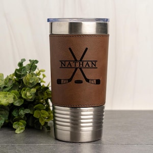 Personalized Hockey Tumbler, Hockey Gifts, Leather Travel Tumbler 20 oz, Hockey Coach Tumbler, Personalized Travel Mug, Gift for Him, Her