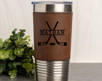 Personalized Hockey Tumbler, Hockey Gifts, Leather Travel Tumbler 20 oz, Hockey Coach Tumbler, Personalized Travel Mug, Gift for Him, Her