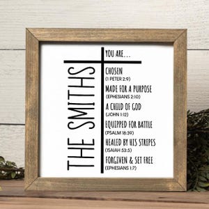 May include: A black and white framed print with the text "THE SMITHS" vertically down the left side. The text "YOU ARE..." is at the top of the right side of the print. A vertical black line separates the text on the left and right sides. The text on the right side includes a list of biblical verses with the following text: "CHOSEN (1 PETER 2:9)", "MADE FOR A PURPOSE (EPHESIANS 2:10)", "A CHILD OF GOD (JOHN 1:12)", "EQUIPPED FOR BATTLE (PSALM 18:39)", "HEALED BY HIS STRIPES (ISAIAH 53:5)", "FORGIVEN & SET FREE (EPHESIANS 1:7)".