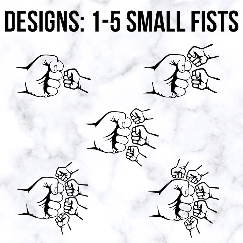 May include: Five black and white illustrations of fists bumping each other. The text "DESIGNS: 1-5 SMALL FISTS" is at the top of the image.