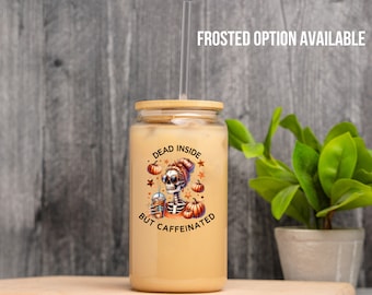 Dead Inside But Still Caffeinated Glass Cup, Funny Mom Life Glass Tumbler, Ice Coffee Cup, Skeleton Cup For Women, Funny Gift For Friend