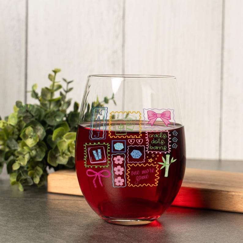 Mahjong Stemless Wine Glass, Mahjong Gifts, Mahj Player Gift, Mahj Party Glasses, Mahj Wine Glass image 2