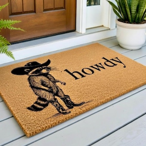 Howdy Racoon Cowboy Funny Doormat Western Decor Funny Coir Door Mat Welcome Mat Funny Housewarming gift Wedding Gift New Home Gift for Home image 2