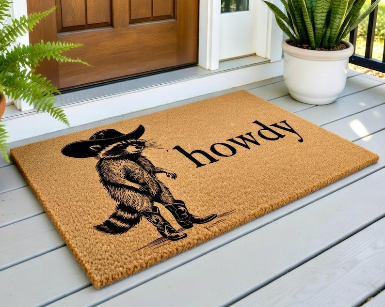 Howdy Racoon Cowboy Funny Doormat Western Decor Funny Coir Door Mat Welcome Mat Funny Housewarming gift Wedding Gift New Home Gift for Home image 2
