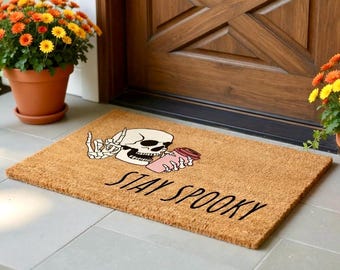 Halloween Doormat, Stay Spooky Welcome Mat, Halloween Door Mat, Halloween Decorations, Fall Decor, Autumn Decor, Skeleton Hand with coffee