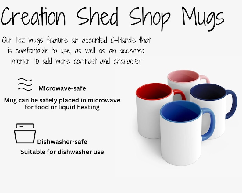 K&ouml;nnte beinhalten: Vier wei&szlig;e Keramikbecher mit farbigen Innenr&auml;umen und Griffen. Die Becher haben rote, rosa, blaue und marineblaue Innenr&auml;ume und passende Griffe. Der Text "Creation Shed Shop Mugs" steht oben im Bild.