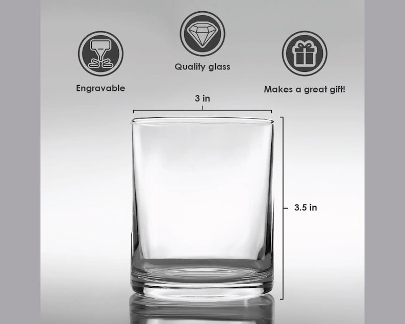 May include: A clear, cylindrical glass with a 3-inch diameter and a height of 3.5 inches. The glass is labeled as "Engravable" and "Makes a great gift!" It is made of quality glass.