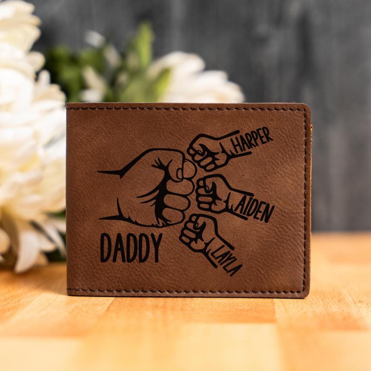 Dad Fist Bump Leather Wallet, Fathers Day Gift With Kids Names