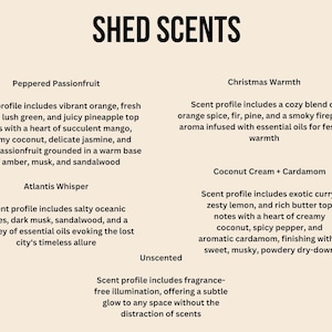 May include: A beige background with black text describing different scents. The scents are Peppered Passionfruit, Atlantis Whisper, Christmas Warmth, Coconut Cream + Cardamom, and Unscented. Each scent description includes a list of notes and a brief description of the scent profile.