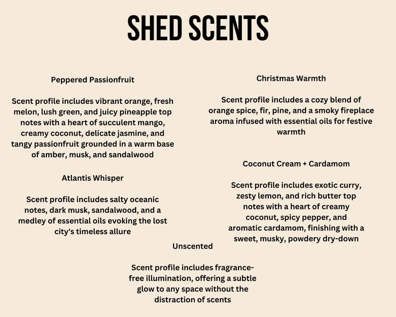 May include: A beige background with black text describing different scents. The scents are Peppered Passionfruit, Atlantis Whisper, Christmas Warmth, Coconut Cream + Cardamom, and Unscented. Each scent description includes a list of notes and a brief description of the scent profile.