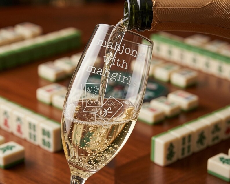 K&ouml;nnte beinhalten: Ein klares Sektglas aus Glas, das mit Sekt gef&uuml;llt wird. Das Glas ist mit dem Text "mahjong with mahgirls" und zwei Abbildungen von Mahjong-Steinen graviert. Das Glas ist transparent und zeigt deutlich sichtbare Bl&auml;schen.