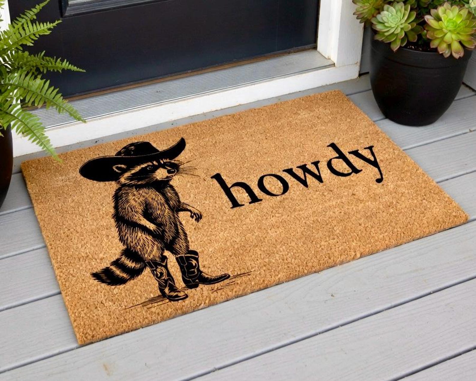 Howdy Racoon Cowboy Funny Doormat Western Decor Funny Coir Door Mat Welcome Mat Funny Housewarming gift Wedding Gift New Home Gift for Home - 24X16
