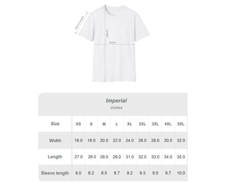 K&ouml;nnte beinhalten: Ein wei&szlig;es T-Shirt mit Ma&szlig;en in Zoll. Die Gr&ouml;&szlig;entabelle zeigt eine Breite von 40,6 bis 81,3 cm, eine L&auml;nge von 68,6 bis 88,9 cm und eine &Auml;rmell&auml;nge von 20,3 bis 25,4 cm. Das T-Shirt wird mit Ma&szlig;en f&uuml;r Breite, L&auml;nge und &Auml;rmell&auml;nge angezeigt.